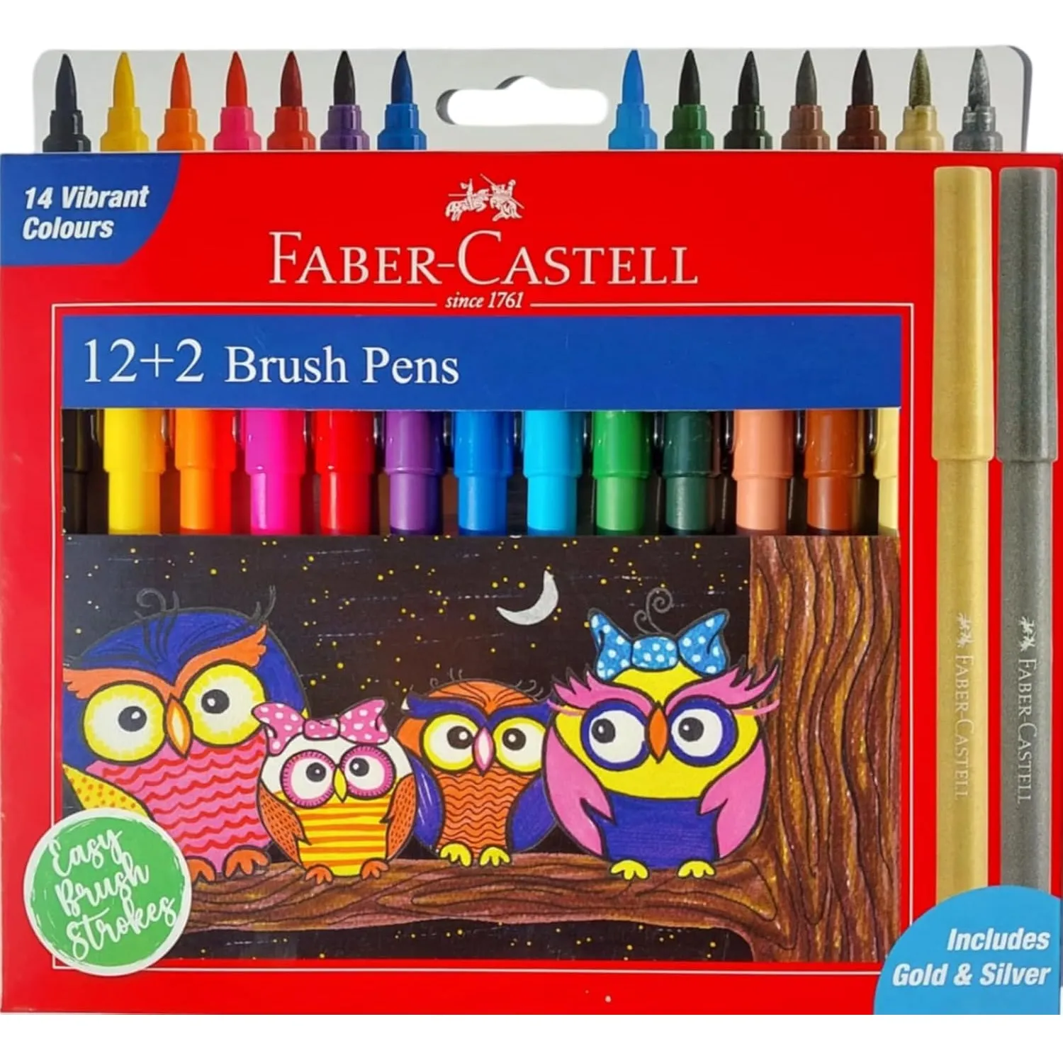 153031.webp Faber-Castell 14 Shades Brush Pen | 12 Assorted Shades 1 Silver Shade 1 Gold Shade | Ideal For Doodling, Illustrations, Calligraphy, Artists, Students - Image 1
