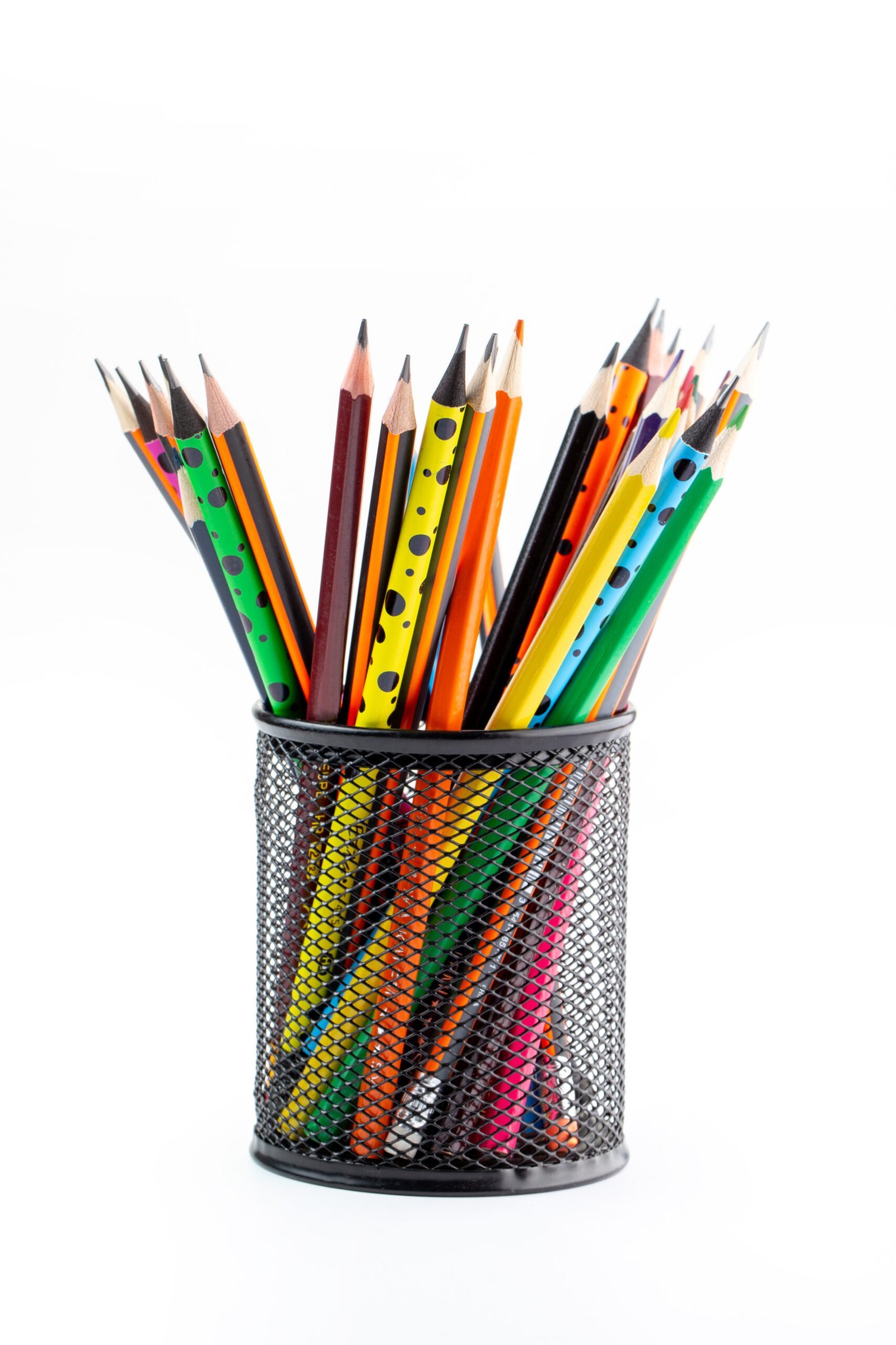 graphite-drawing-pencils-bright-lined-inside-black-basket-white-desk-scaled-1.jpg Pen Holder - Wire Mesh - Image 1